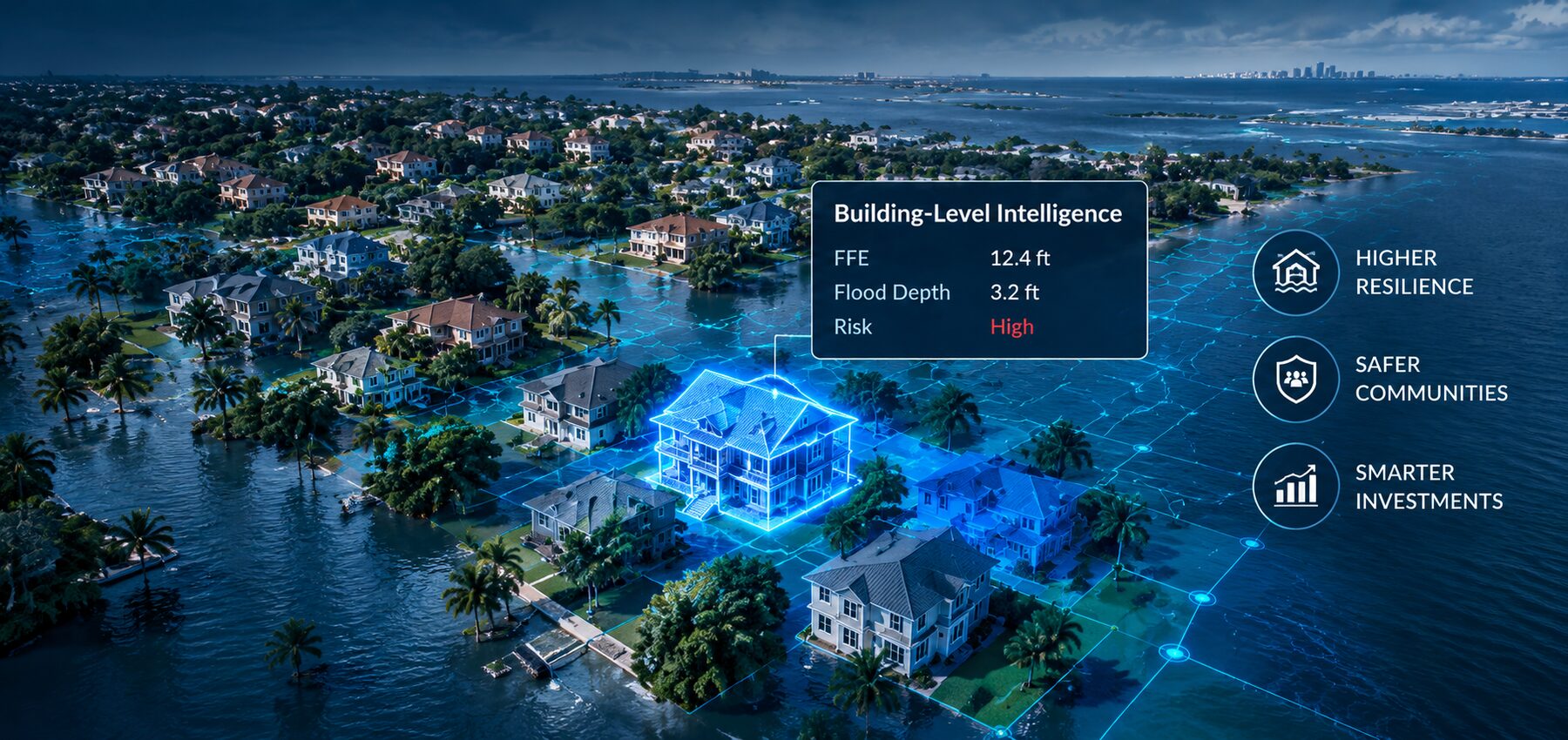 Aerial view of a flooded neighborhood with one building highlighted and its first floor elevation, flood depth and risk level labelled