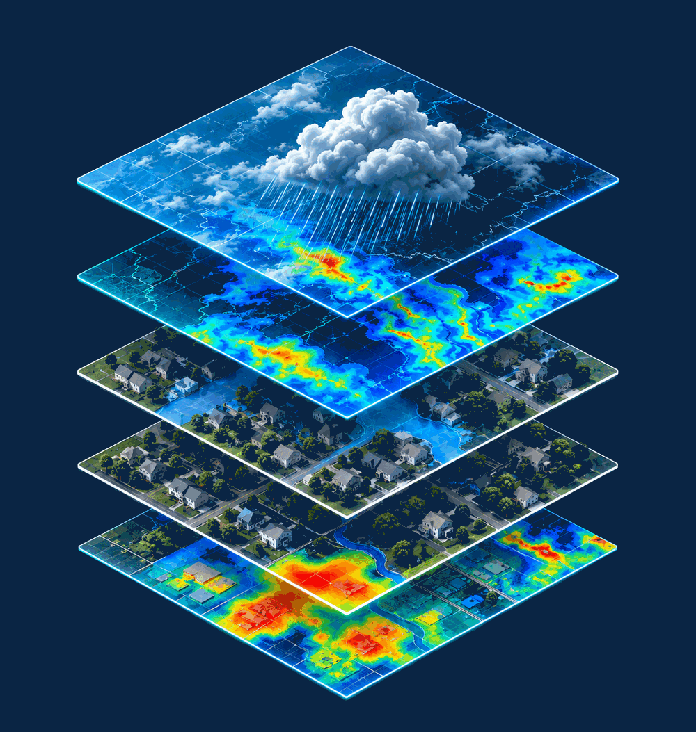 Stacked data layers from rainfall and weather data through hydraulic models, hazard and building intelligence down to property-level consequence